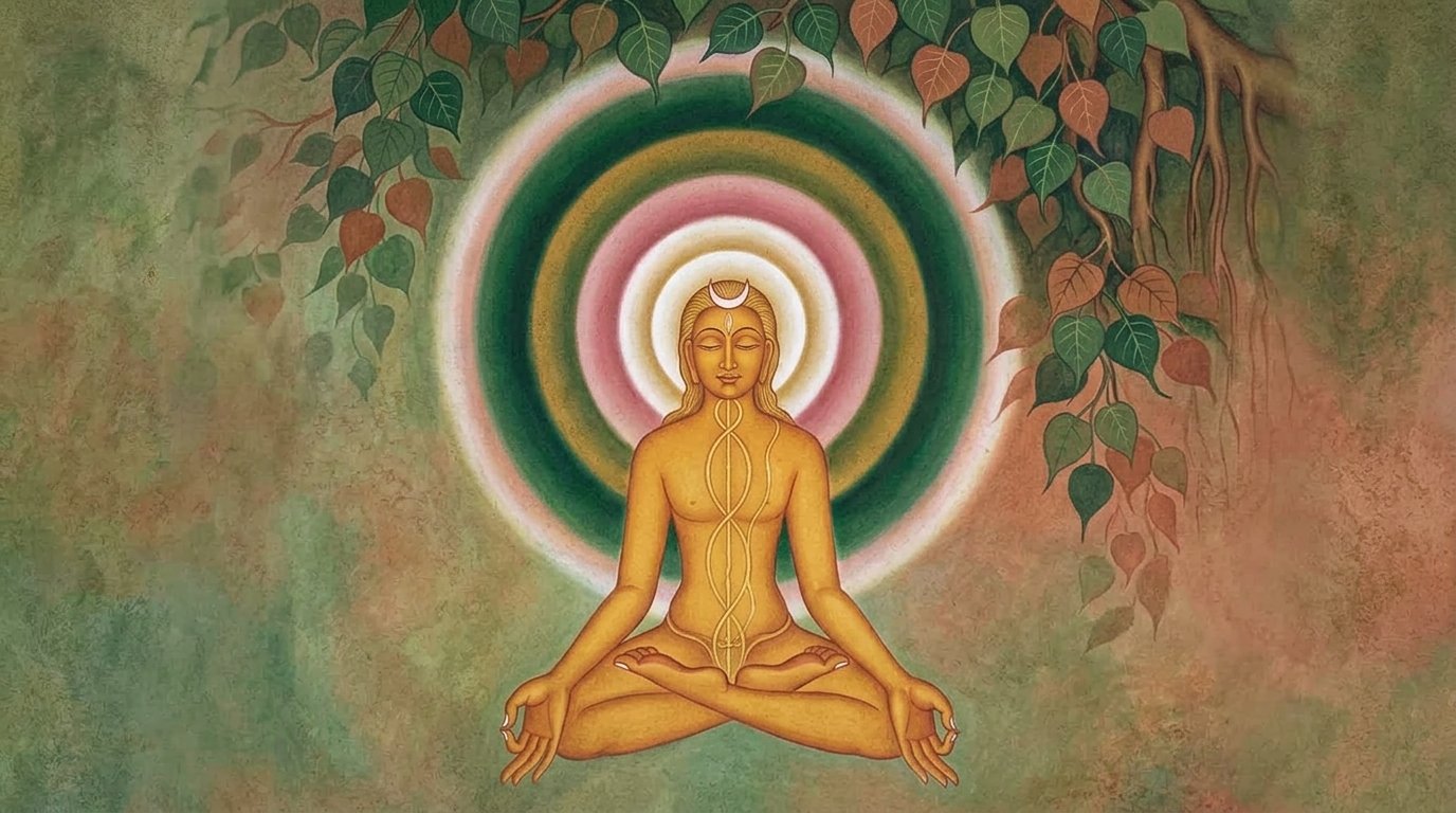 Traditional Vedic painting of sage in meditative stillness, chakras and sacred balance